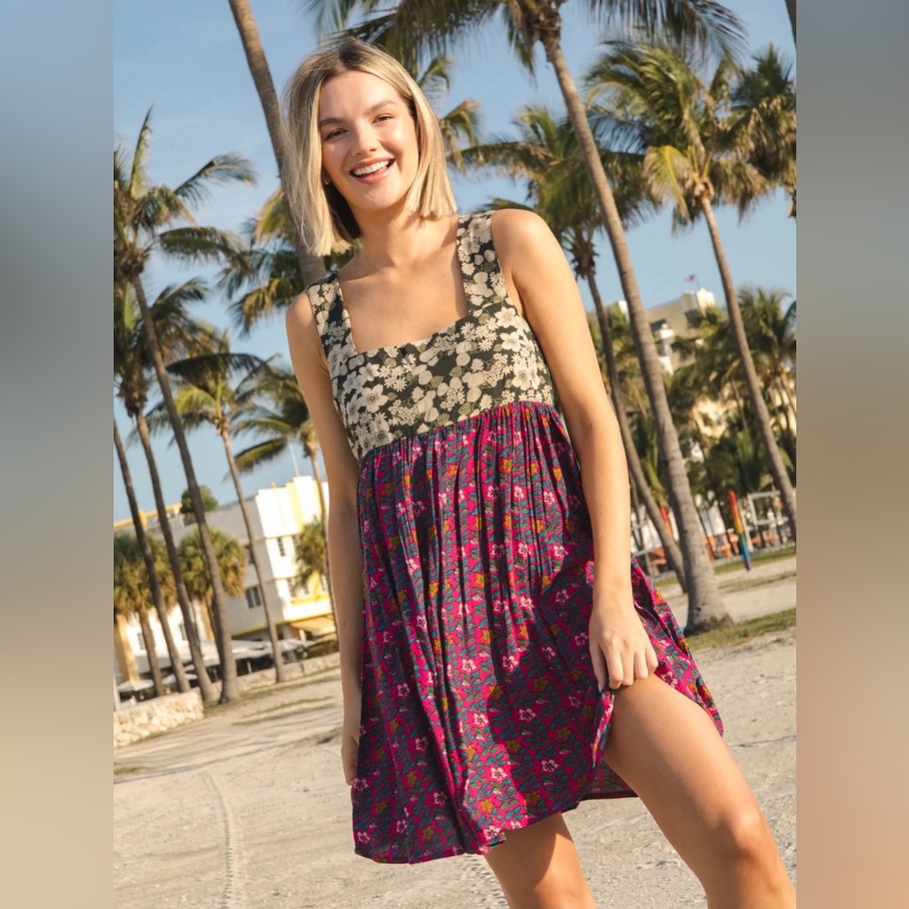 NATURAL LIFE Floral Patchwork Mini Dress in Olive and Magenta
